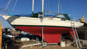Contessa 32 Coppelia in the yard ahead of for Halyard Aquadrive installation