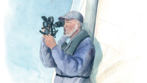 Paul Jones with his sextant watercolour painting by Claudia Myatt