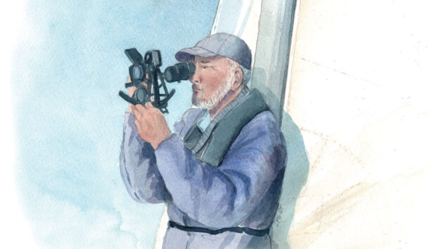 Paul Jones with his sextant watercolour painting by Claudia Myatt