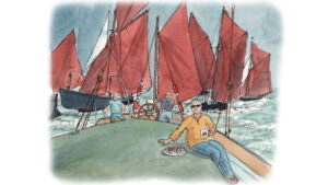 Dave Selby eating muffins aboard the sailing barge Victor during a race, cartoon by Claudia Myatt