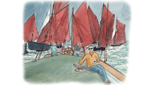 Dave Selby eating muffins aboard the sailing barge Victor during a race, cartoon by Claudia Myatt
