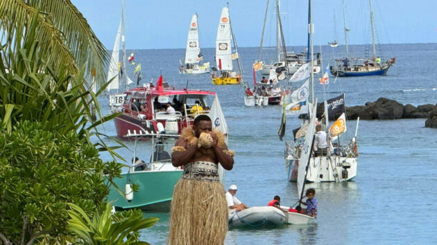 A traditional Davui conch shell was blown to signal the start of the Mini Globe Race Leg 3. Credit: Aïda Valceanu