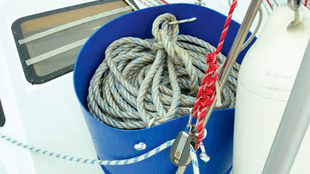 Rope in a blue bucket on a boat