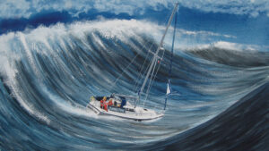 A drawing of a 33ft yacht caught in a Force 10 storm