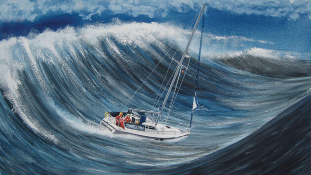 A drawing of a 33ft yacht caught in a Force 10 storm