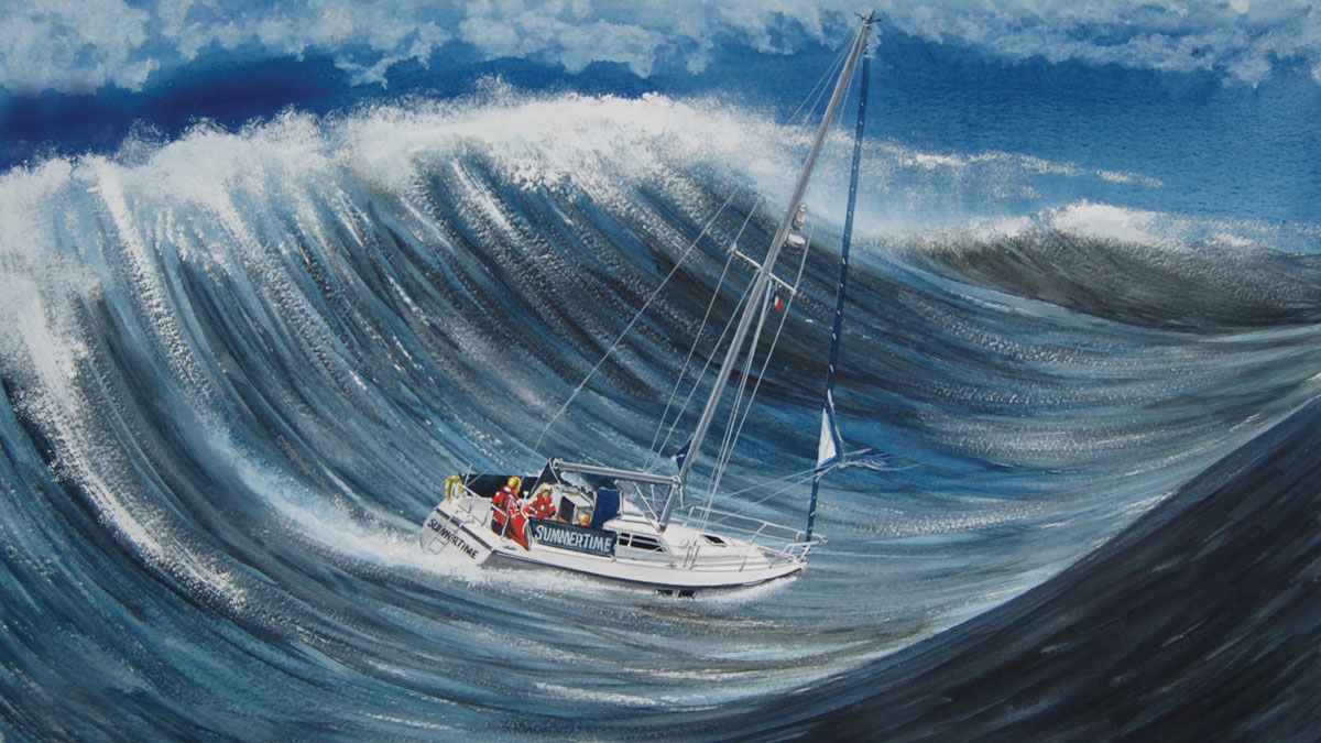 A drawing of a 33ft yacht caught in a Force 10 storm