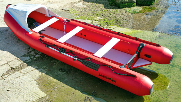 An inflated SpearFish 520 boat on a slipway
