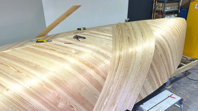 A cold moulded hull boat being built