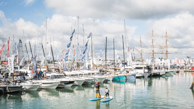 Boats moored at a boat show