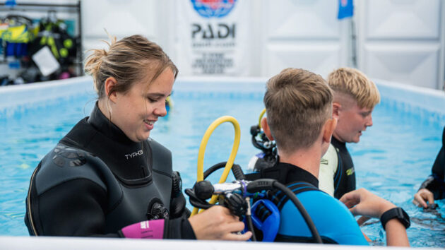 People trying diving at the Southampton Boat Show