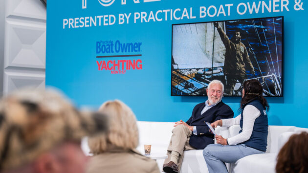 Practical Boat Owner editor Katy Stickland interviewing Sir Robin Knox-Johnston at the Foredeck Stage at the Southampton Boat Show