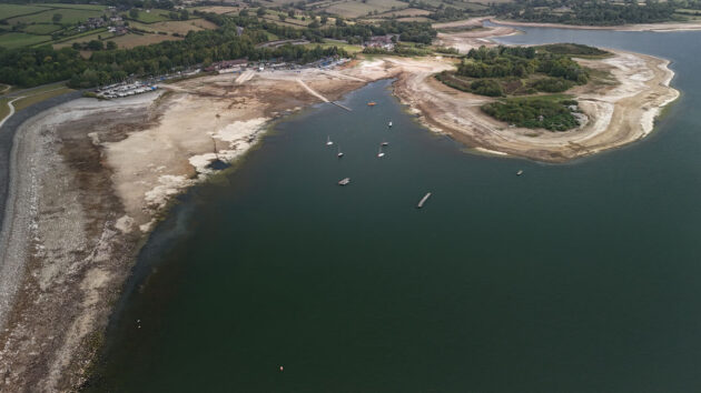 Aerial view of the drought impact at Carsington Water, Ashbourne, Derbyshire. Credit: www.carsingtonsailingclub.co.uk 