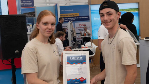 Young Wilsonian Sailing Club members from Kent collect their runner up prize from the Sunsail Funding the Future awards 2025. Credit: Sunsail