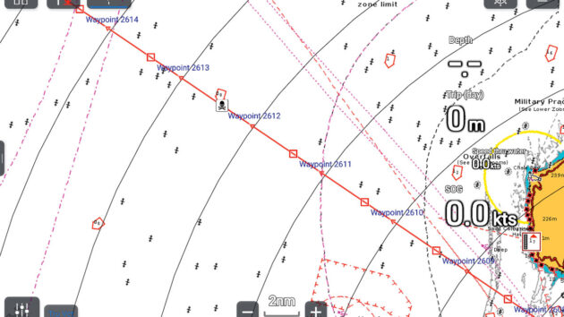 A chartplotter showing a route for sailing