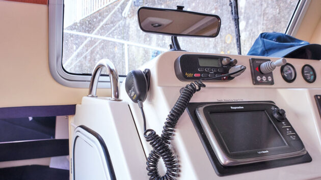 A rear view mirror fitted on a boat