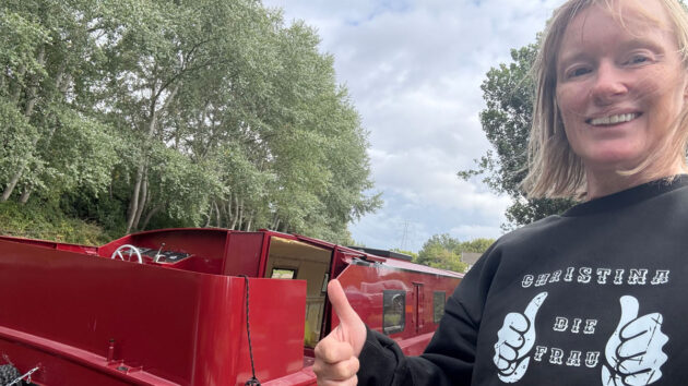 Relief for new boat owner Christina Evans after water shortages and canal closures turned a 3.5 mile delivery trip into a three-and-a-half day odyssey with a section across the tidal River Mersey. Credit: Christina Evans