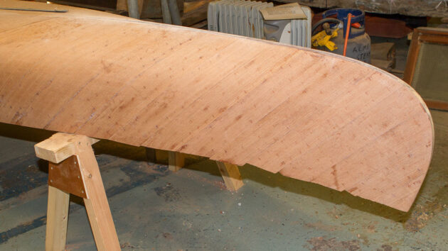 An upturned hull of a canoe made using cold moulding