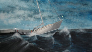 A boat rolling around at sea in a Force 8