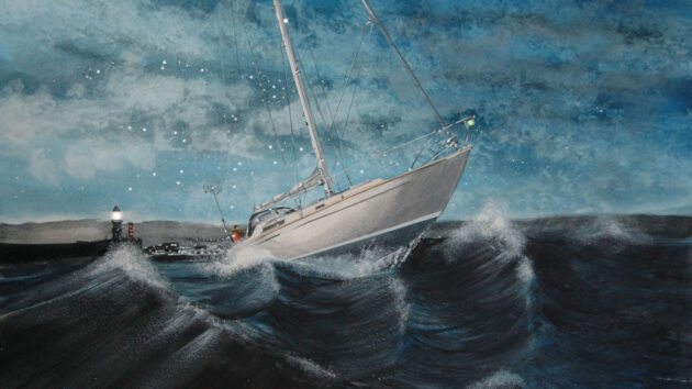A boat rolling around at sea in a Force 8