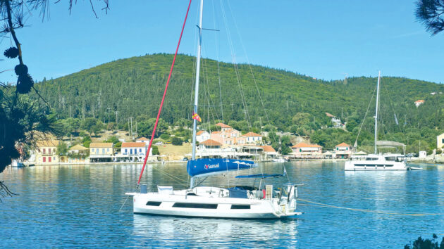 A yacht moored in a harbour
