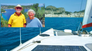 A couple smiling inset with a photo of their catamaran which they sail and have adapted their sailing to cope with Ann's Alzheimer's