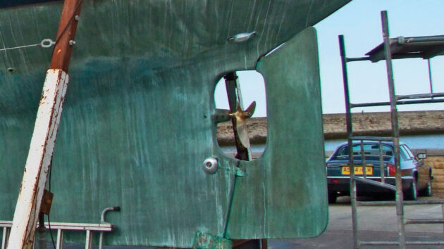 A rudder on a yacht which is part of a boat steering system