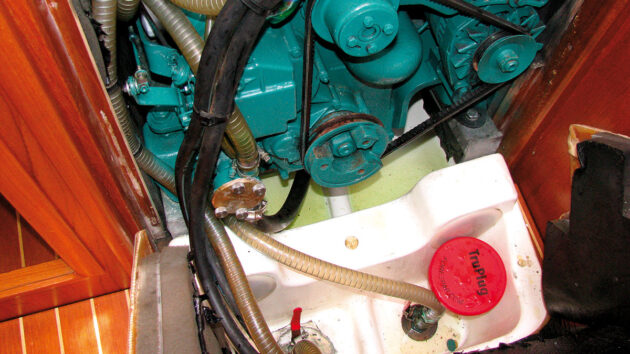 Greeny-blue colour is a clear indication of a engine coolant leak on a boat