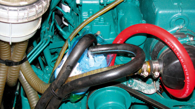 A boat engine set up to test the calorifier to try and diagnose and solve an engine coolant leak