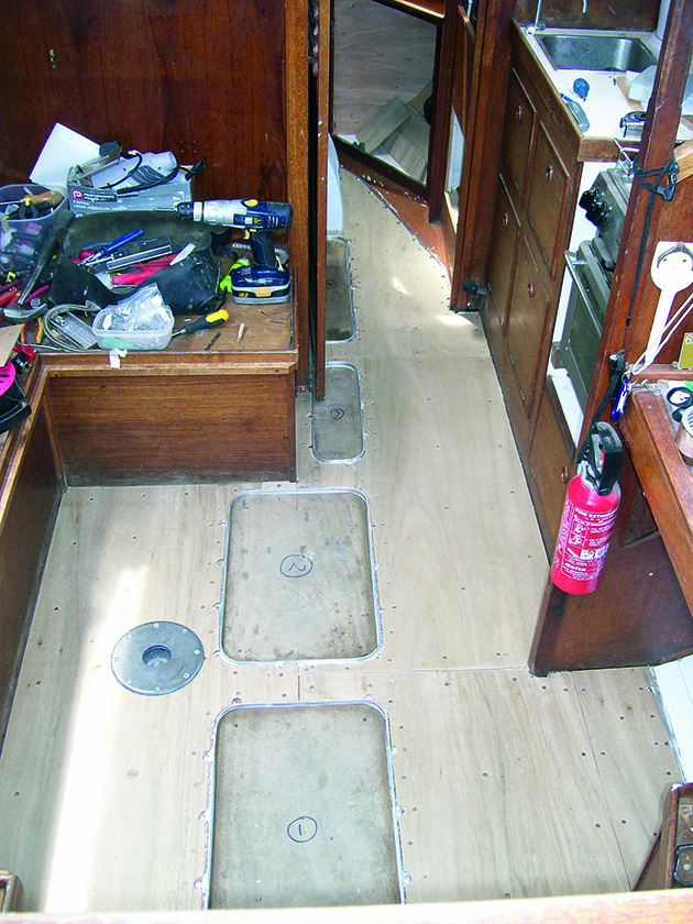 Floor of a boat which has been fitted with insulation