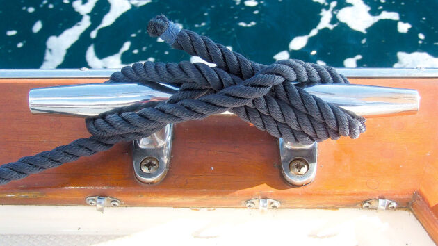 A cleat on a boat used when you are mooring your boat