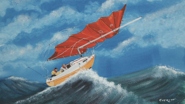 A picture of a dismasted yacht on a shakedown sail