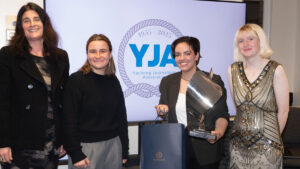 YJA chairman Katy Stickland with the winner and nomiees in the YJA Young Journalist of the Year Award
