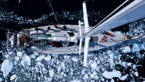 Antarctica Lemaire Channel Aerial view from mast of S V Spirit of Sydney while sailing through ice along Antarctic Peninsula. Credit: WorldFoto/Alamy