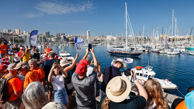Crowds gathered to watch the start of the 40th anniversary Atlantic Rally for Cruisers 2025. Credit: Paul Wyeth