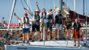 The crew aboard the 14.8m Skiathos at the start of the Atlantic Rally for Cruisers 2025. Credit: Paul Wyeth