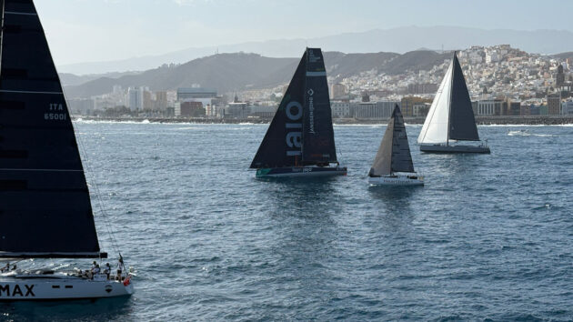 Heartbeat2 the smallest boat in the 145-strong ARC 2025 fleet jostles is amongst the first over the racing fleet's starting line. Credit: Laura Hodgetts