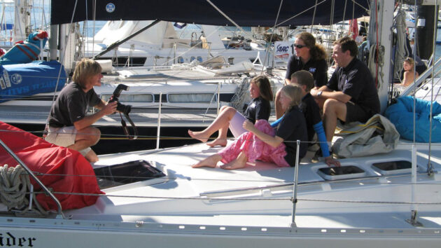The Sage family arriving in the Caribbean aboard Ocean Strider 20 years ago. Credit: Andrew West (who is crewing this year aboard Falken)