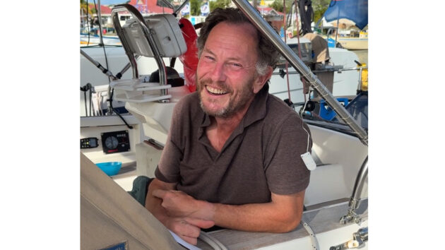 Falken skipper Mike Neave's spirits couldn't be dampened by a blocked toilet pipe and cold tinned food during his first Atlantic crossing. Credit: Laura Hodgetts