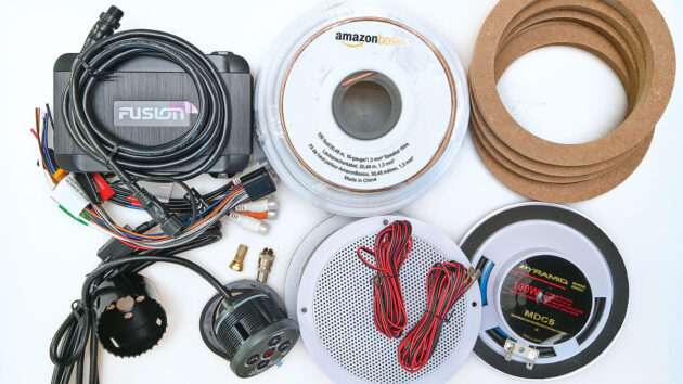 Fusion BB10 Black Box, control head, hole saw, speakers, supplied speaker wire additional wire 