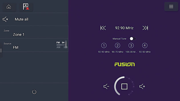 Screen of a chartplotter with controls for the Fusion BB10 Black Box radio. 