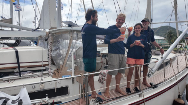 The crew of Perdika arriving in St Lucia. Credit: Peter Gilmore/WCC