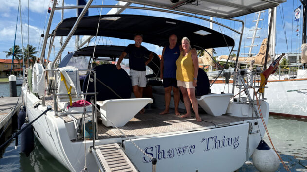 Shawe Thing skipper Clive and wife Linda Yarwood with crew Wayne. Credit: Laura Hodgetts