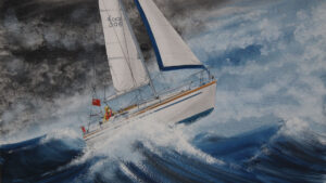A painting of a boat rounding Portland Bill in a storm