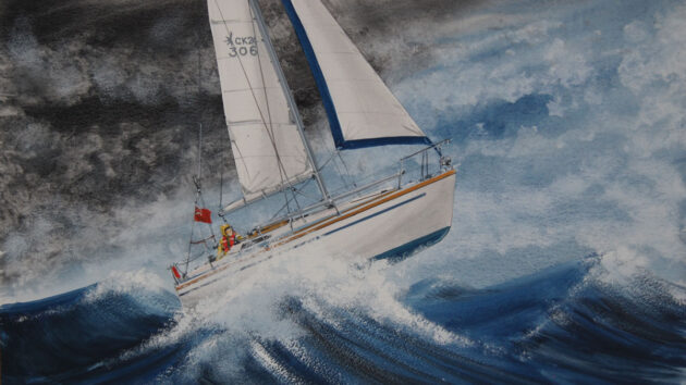 A painting of a boat rounding Portland Bill in a storm