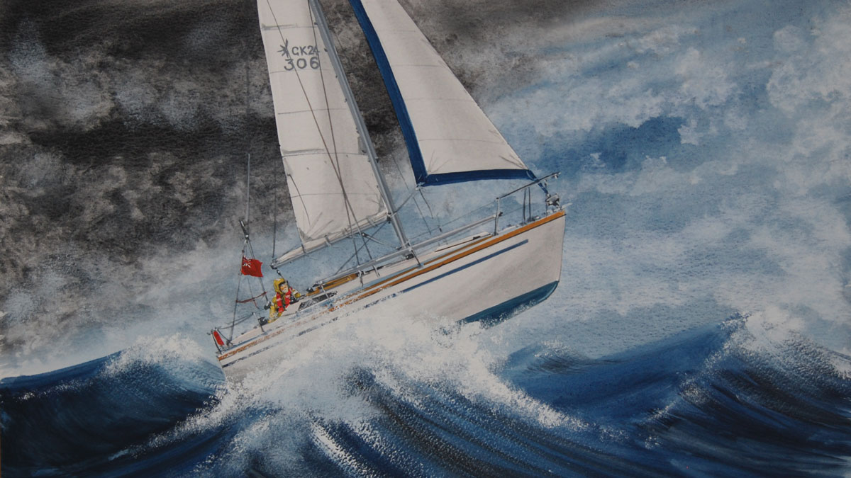 A painting of a boat rounding Portland Bill in a storm