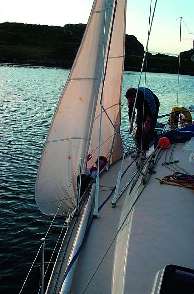 Old headsails being used as an MOB recovery scoop on a boat