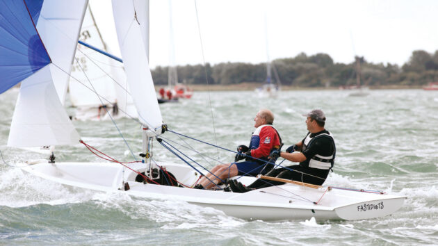 Two men sailing a Flying Fifteen dinghy
