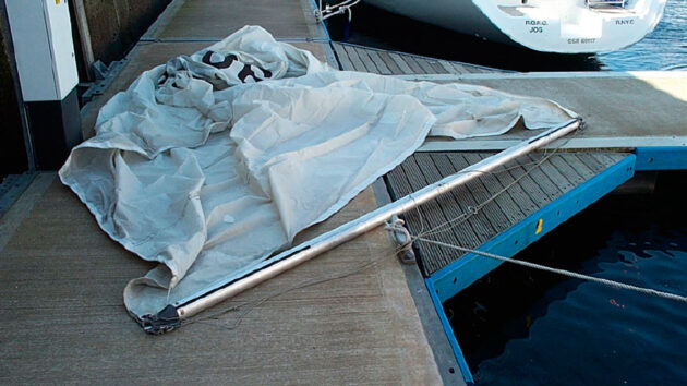 Old headsails being used as a sea anchor