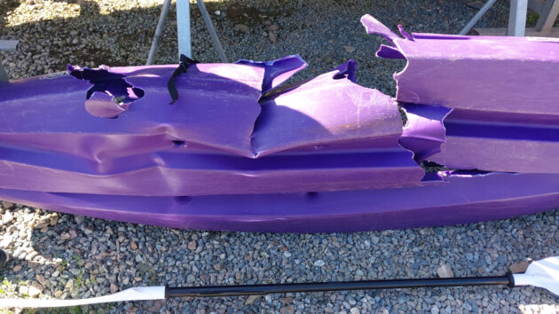 The damaged kayak following the powerboat collision. Credit MCA