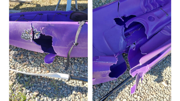 The damaged kayak following the powerboat collision. Credit MCA
